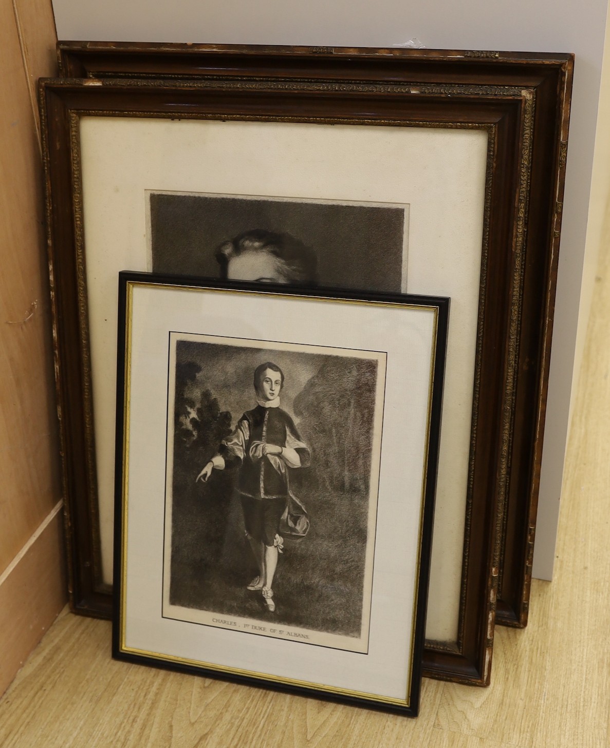 Dorothy Woollard (1886-1986), three pencil / charcoal portraits, ‘Charles, 1st Duke of St Albans’, ‘Lady Diana Beauclerk’, and ‘Hon: Topman Beauclerk’, largest 38 x 30cm